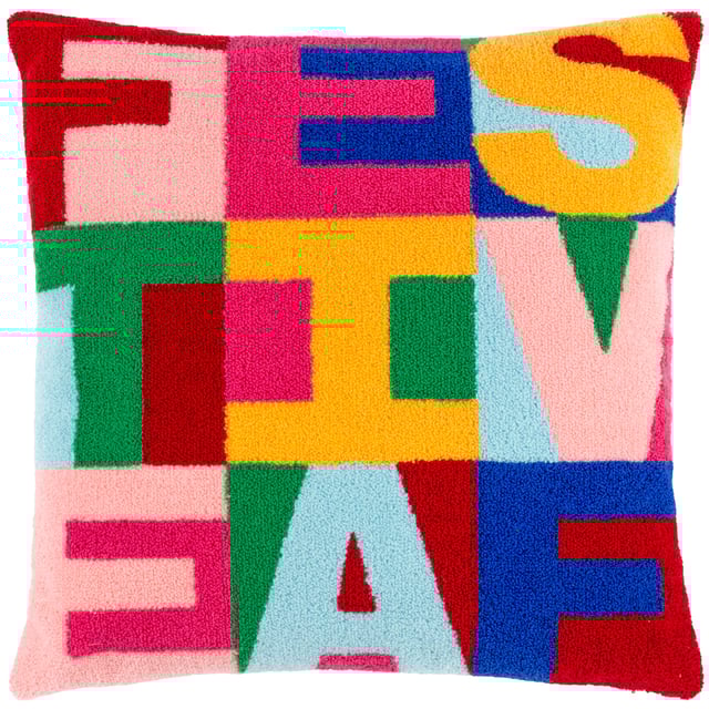 Get into a 'Christmassy' mood with this vibrant knitted loop tufted cushion. Woven in a range of fabulous techno colours and paired with a fuchsia pink velvet reverse; This unique design is the perfect addition for those who love all things colour!  Size: 43 x 43cm