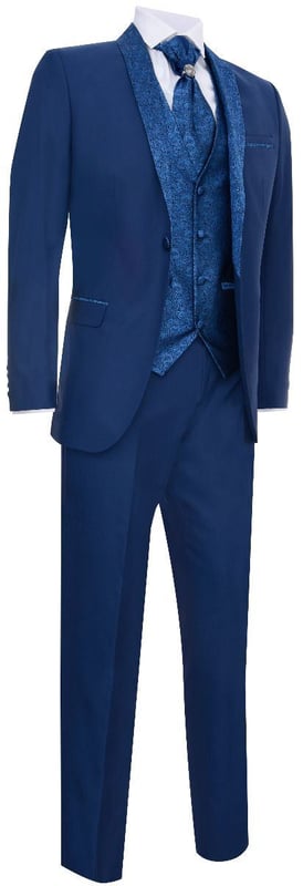 Sharp, sleek and sophisticated, look the part with this premium 4 piece Blue Suit, that features a Tailored Fit (inbetween Slim & Regular) with a closer fit across the chest and narrower tailored trousers. The jacket hangs beautifully and has a half canvas construction that moulds to your body shape the more you wear it. Contrasting flap pockets, buttoned cuffs and a single back vent lend the suit a classic touch of refinement. The suit features a Shawl Round Collar Design Blazer with a Unique Satin Paisley Contrast made from Soft Textured Fabric A paisley waistcoat completes the 4-piece with a 4-button down style with classic tailored pockets and a back adjuster to ensure you can create your ideal fit. The suit is evergreen and contemporary at the same time and allowing you to look the best all day. Pair it with a white shirt and shoes for a dapper finish.