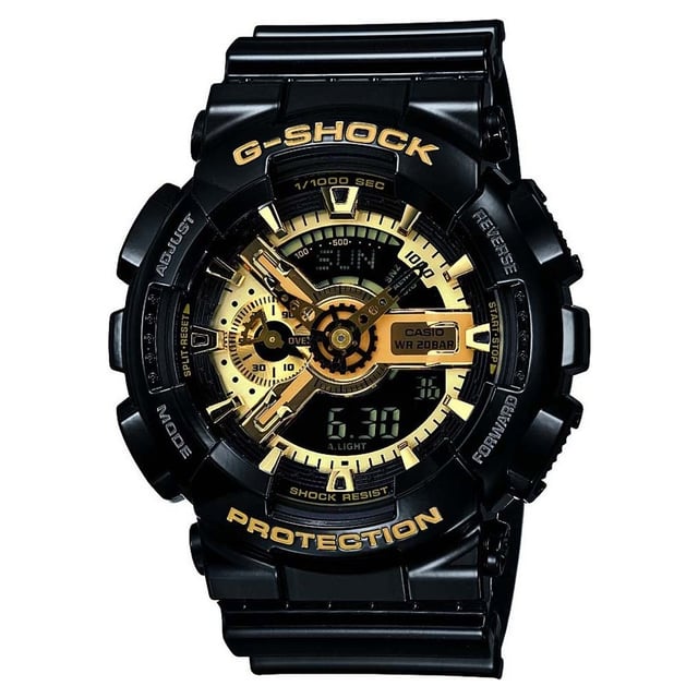 Dit Casio G-shock Analoge-Digitale Horloge voor Mannen is het perfecte accessoire om te dragen of cadeau te geven. De zwarte ronde kast van 50 mm, gecombineerd met de comfortabele zwarte kunststof horlogeband, zorgt ervoor dat je volop van dit prachtige horloge kunt genieten zonder enige concessies. Aangedreven door een hoogwaardig kwartsuurwerk en waterbestendig tot 20 bar, blijft je horloge tikken. Sportief en trendy ontwerp, perfect voor iedereen die van sport houdt! - Het horloge heeft een kalenderfunctie: Dag-Datum, Wereldtijd, Stopwatch, Timer, Alarm, Verlichting. Hoogwaardige zwarte kunststof band van 21 cm lang en 22 mm breed met een gesp. Kastdiameter: 50 mm, kastdikte: 14 mm, kastkleur: zwart en wijzerplaatkleur: goud.