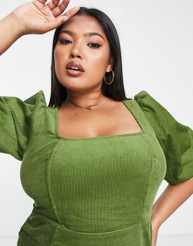 slim fit dress slacks ASOS DESIGN Curve Midi Dress With Long Sleeve And Circle Trim In Sage Green main image 0