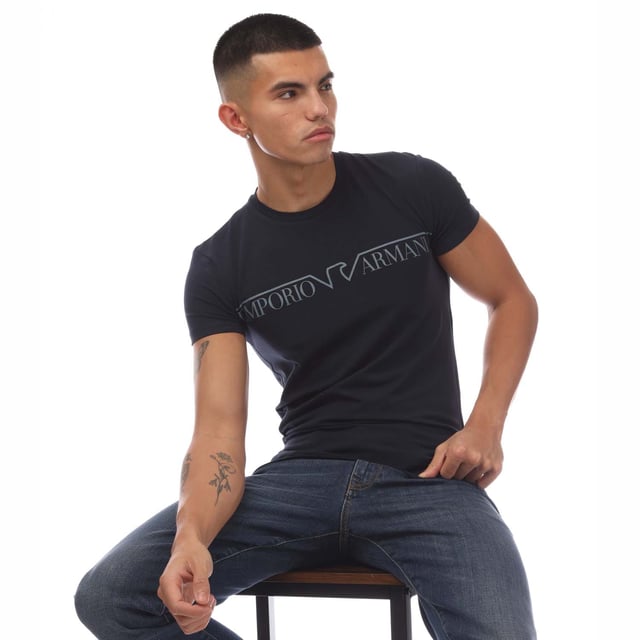 Mens Emporio Armani Crewneck T-Shirt in navy.- Crew neckline.- Short sleeves.- Branding on chest.- Slim fit.- 95% Cotton  5% Elastane.- Ref: 11103551600135
