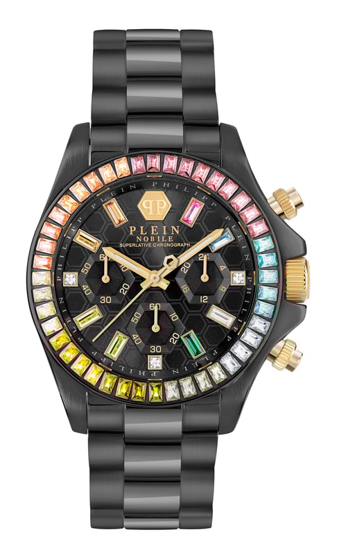 This Philipp Plein Nobile Lady Chronograph Watch for Women is the perfect timepiece to wear or to gift. It's Black 38 mm Round case combined with the comfortable Black Stainless steel watch band will ensure you enjoy this stunning timepiece without any compromise. Operated by a high quality Quartz movement and water resistant to 5 bars, your watch will keep ticking.