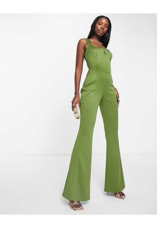 ASOS DESIGN jersey corset detail jumpsuit with flare leg in khaki