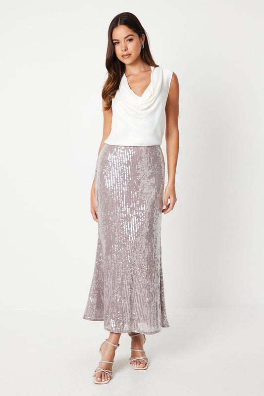 Miss selfridge sequin midi skirt silver grey outlet