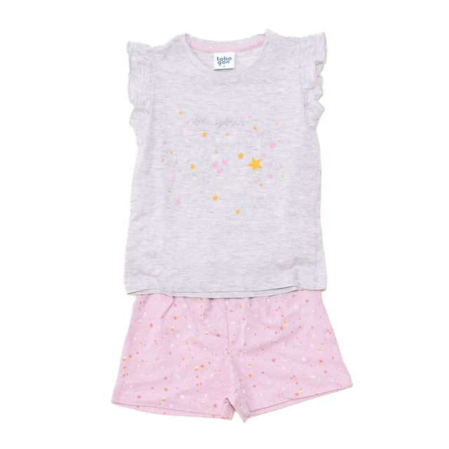 Short summer pajamas for girls from the Tobogan brand.
 Pajamas in cotton fabric consisting of two pieces, t-shirt and pants.
 Soft and breathable fabric.
 Short-sleeved T-shirt with central print.
 Round neck.
 Printed shorts.
 Elastic waist with adjustable drawstring for greater support.
 Seams seen in tone.
 Composition: T-shirt: 100% Cotton; Pants: 100% Cotton.
 Care:
Machine wash maximum at 30º.
 Do not use bleach.
 Do not use dryer.
 Iron maximum at 110º.
 No dry cleaning.
 Use neutral detergents.
 Do not squeeze.
 Dry on the shadow.