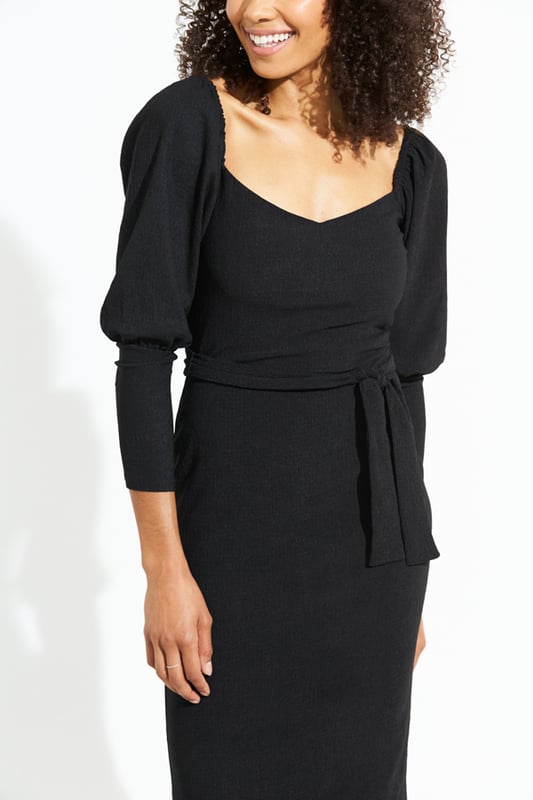 Black Textured Jersey Sweetheart Neckline Tie Waist Dress