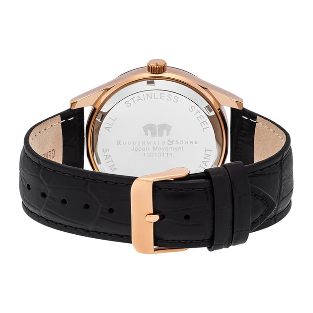This model of the Rhodenwald & Sons manufacture is a place in every watch collection timeless, functional and versatile. The well -designed wristwatch does without superfluous additional functions and deliberately reduces the design to the basic elements of a timepiece: strokeindices with Arabic numerals, sword suits, an all -round minuteery and a date display are the focus of the dark dial. A stainless steel housing with screwed floor and IP coating in rose gold and a real leather strap with a trendy crocodile round off the high-quality equipment.
