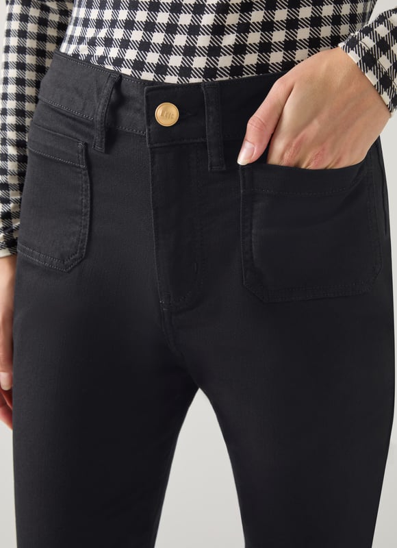LK Bennett Millie Trousers, Black Turn heads with the Millie petite high waist patch pocket kickflare jean in classic black. Designed from a high-quality cotton mix, these trousers feature stylish patch pockets and a flattering flare that exudes smart casual elegance. Perfect when paired with a crisp blouse for the office or a relaxed tee for weekend outings.