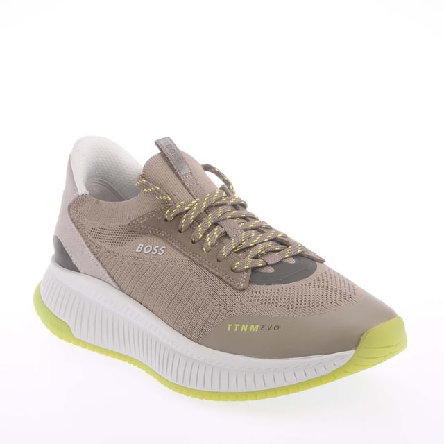 rafted in a combination of materials  including leather trims  these running-style BOSS Menswear trainers strike a distinctive profile. Lightweight ridged outsole. Knitted uppers for enhanced comfort and fit. This product contains at least 60% better raw materials. This product is partly created with recycled polyester. We at HUGO BOSS prefer recycled polyester from pre- and post-consumer textile waste and do our best to phase out polyester from PET bottles.