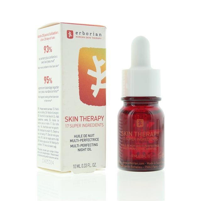 Erborian Skin Therapy Multi Perfecting Night Oil is formulated with a blend of 17 plant extracts to deeply hydrate and rejuvenate. This rich yet lightweight oil works overnight to restore balance, improve skin texture, and enhance radiance, leaving your complexion feeling soft, smooth, and revitalized by morning. Perfect for overnight skin rejuvenation and a healthy, glowing complexion.