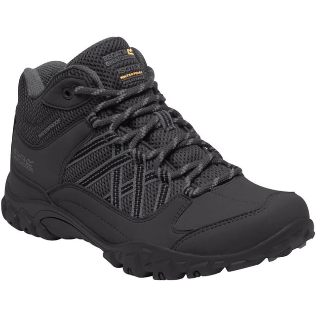 Regatta Womens/Ladies Edgepoint Waterproof Walking Boots Material: PU nubuck: 100%. Hydropel water resistant technology. Isotex waterproof footwear. Seam sealed with internal membrane bootee liner. PU nubuck and breathable mesh upper. Deep padded neoprene collar and mesh tongue. Rubberised toe and heel bumpers. EVA comfort footbed. Stabilising shank technology for underfoot protection and to reduce foot fatigue. Lightweight low profile rubber outsole. Great grip and hardwearing.