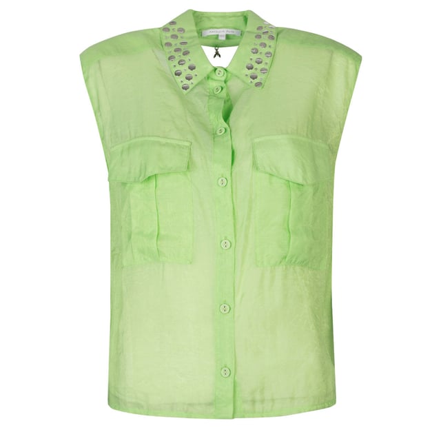 Estilo suelto
Con cuello
Sin mangas
Abotonado
Dos bolsillos delanteros
Bajo con elástico
Con espalda descubierta
Cuello adornado con lentejuelas
Detalle del logotipo de la marca en la espalda
Hecho de tela transparente de alta calidad
Fabricado en Italia