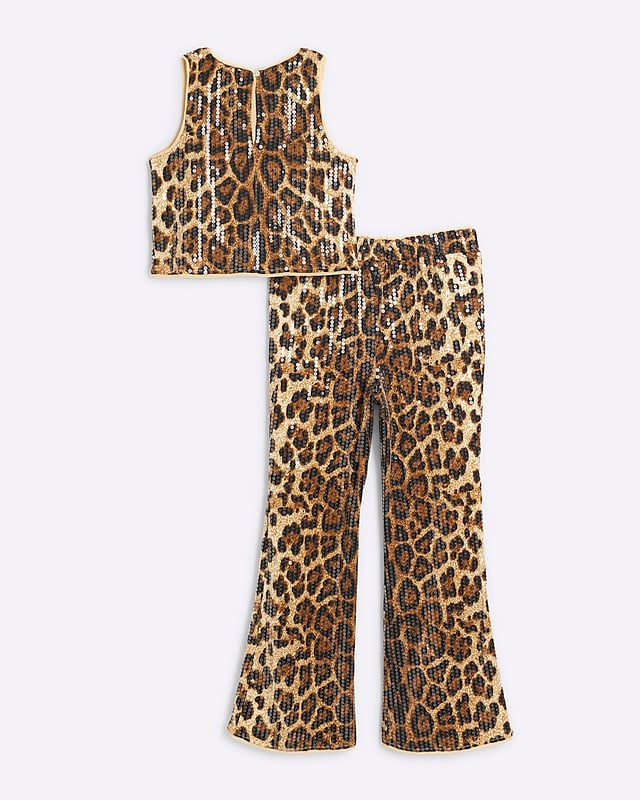 Sequin fabric, Leopard print, Crew neckline, Sleeveless, Wide leg, Flares, Elasticated waist