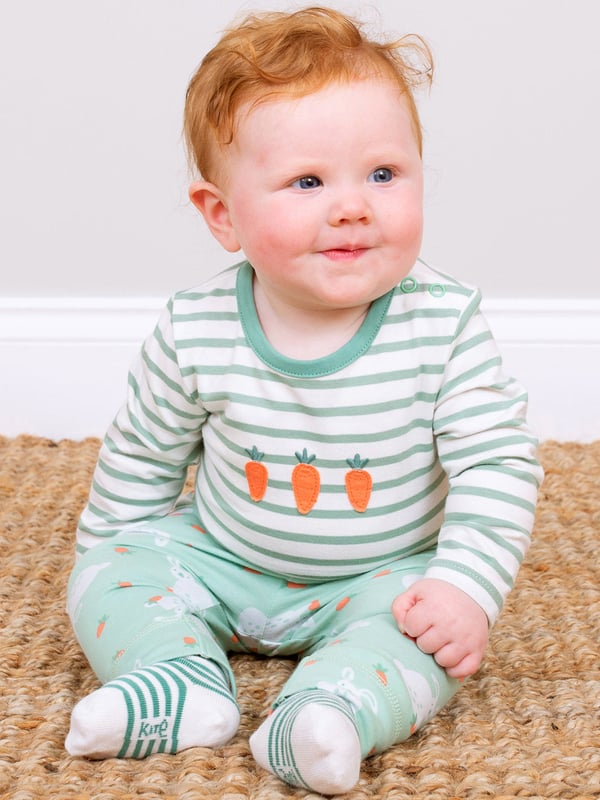 90% organic cotton 8% polyamide 2% elastane | Proud to be certified to the Global Organic Textile Standard (GOTS) | Sage green and cream stripe with bunny face, and carroty designs | Two pack | Turn down tops | Made in Turkey | Machine washable at 40 degrees, or at 30 degrees to be kinder to the planet