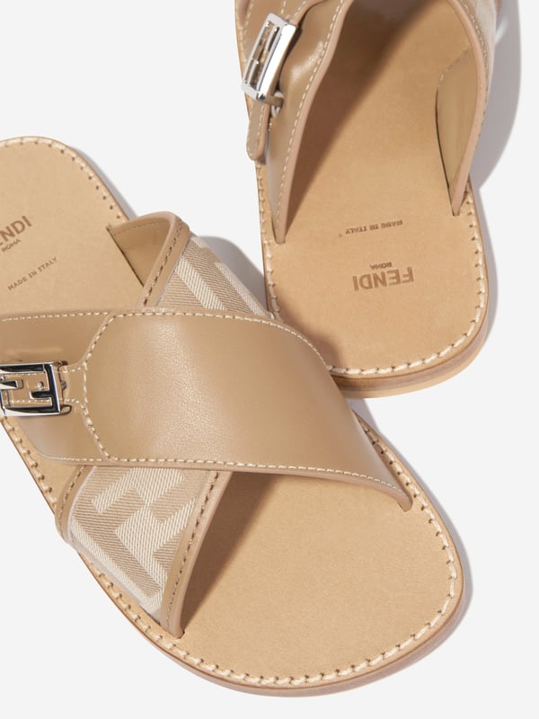 Introducing the high-end symbol of elegance, the Girls Leather FF Logo Sandals in Beige by Fendi. This Italian-made designer footwear is perfect for your little fashionista's Summer look. Here are the standout features: Italian Craftsmanship: Immaculately designed in Italy for a durable and long-lasting wear. Signature FF Logo: The trendy FF Logo by Fendi adorns the sandals adding a distinguished style statement. Supreme Comfort: Created with high-grade leather ensuring a comfortable stride on all summer adventures. Upgrade Your Wardrobe: Enlighten your girl's collection with the chic FF Logo Sandals in Beige. Shop now for distinct elegance and timeless style!