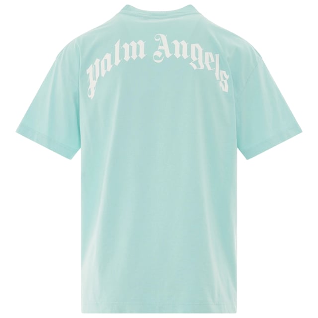 Palm Angels Classic Shark Design Light Blue T-Shirt. Palm Angels Light Blue Tee. Regular Fit, True To Size. Palm Angels On Back Shoulders, Shark Image On Front. 100% Cotton, Palm Angels Logo Along Shoulders on Back, Made In Italy. PMAA001S23JER0054001