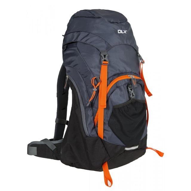 45 litre DLX rucksack. Airflow system. Main pocket. Trekking pole loops. Ice axe loops. Mesh venting system. Hydration pack access. Raincover. 420D Polyester Mini Ripstop. Approx: 20cm x 70cm x 90cm.
