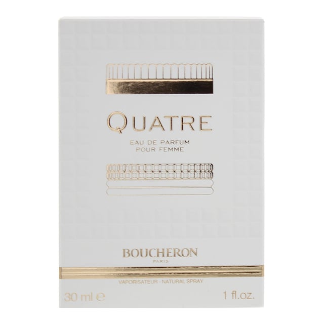 Boucheron Quatre is a floral fruity fragrance for women, created by Nathalie Gracia-Cetto, Nadege Le Garlantezec and Antoine Maisondieu, and launched in 2015 by Boucheron. The fragrance opens up with Citrus notes, with a combination of Grapefruit, Tangerine, Lemon and Orange; the heart combines Floral notes with fruit notes and contains Jasmine, Apple, Big Strawberry, Rose and Peach; in the base of the fragrance are notes of White Musk, Cashmeran, Cedar, Vanilla and Caramel. The fragrance is fresh, has a citrus burst, before a young and sweet rose emerges. The notes combine to create a sweet yet gorgeous, sparkling and creamy scent. It's a fragrance that's wonderfully versatile, suitable to wear through Spring and Summer, and well suited to any situation