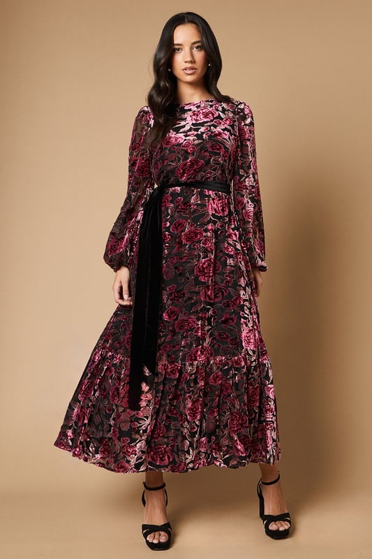 Devore Contrast Belted Maxi Dress