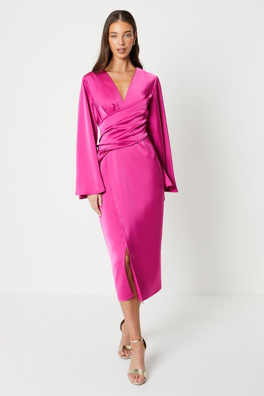 Satin Wrap Dress With Flare Sleeve