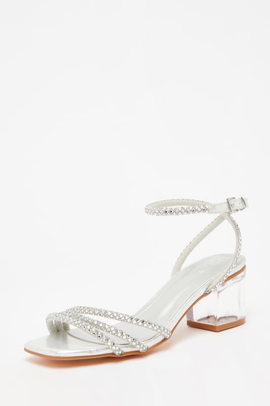 Silver Diamante Low Heeled Sandals - Diamante embellished - Low block heel - Open toe - Ankle strap - Heel height: 6cm/2.5 inches approx