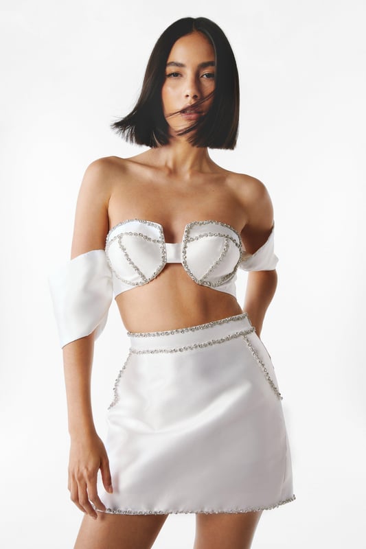 Embellished satin mini skirt shop