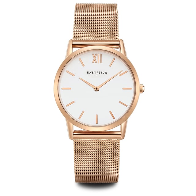 Noble, noble! This women's watch in the Eastside label converts the noble charm of the New York district of the same name into an enchanting watch design. The scratch-resistant IP coating lets the housing and bracelet shine in a trendy rose gold and a high-quality screwed stainless steel housing floor ensures durability. Highlight for all fans of traditional watch styles is the Milanaise bracelet: the elaborately worked braided look makes the delicate stainless steel bracelet not only durable, but also gives the highest comfort. A simple dial with a line indices and swords fits harmoniously into the puristic look.