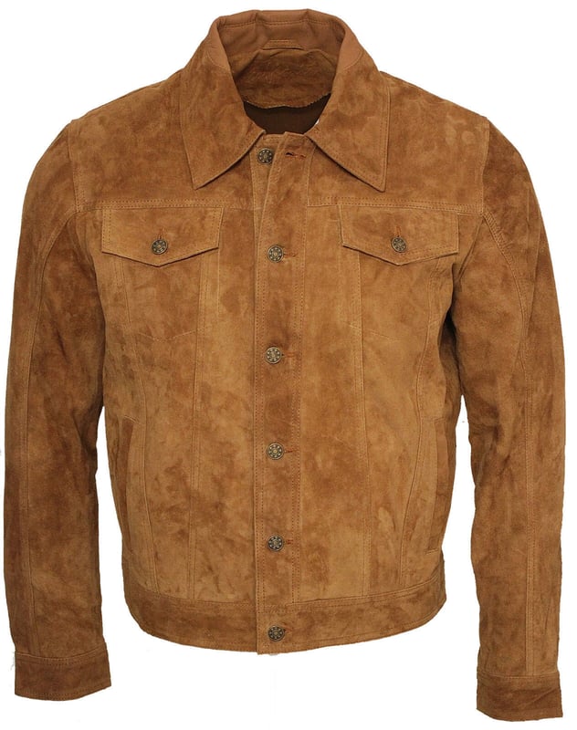 The stylish denim inspired shirt gets reinterpreted in the softest goat suede leather. This slim fit garment is your style statement, exuding a design that echoes 70's Americana. The jacket features press button fastening and adjustable waistband and cuffs for added comfort. This retro jacket will look great with your favourite jeans and a pair of