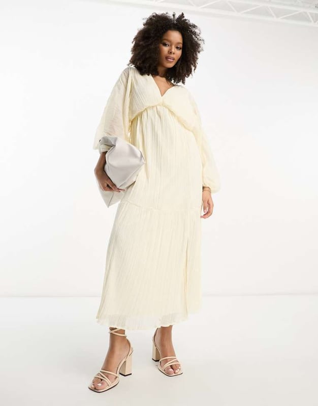 ASOS DESIGN micro pleated batwing trapeze maxi dress in cream-White