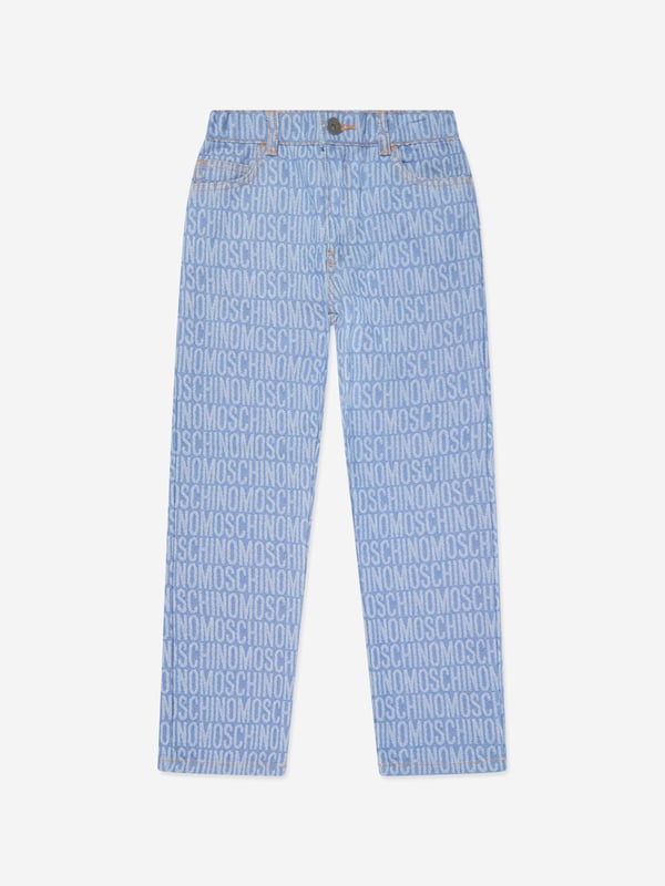 Moschino exaggerate unparalleled elegance and construction in their exquisite designs. These boys trousers amplify the Italian label's love of high quality and eccentric abstracts. Crafted in all-over jacquard logo embroidery with pockets, belt loops and an elegant fastening. He will look a million pounds. Fastening On the Front With Covered Zip and Button 53% Cotton, 47% Polyester