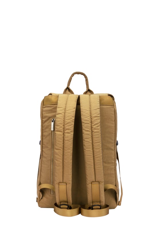 Cut from our signature nylon, the Flapover Nylon Backpack’s adjustable flap over opening provides easy access to your essentials with a secure double clip fastening. Inside there is ample space for a 15” laptop, twinned with external front and rear pockets for additional storage options. Features: , Flap over opening, Internal drawstring opening Front flap over zip pocket, Rear zip pocket, Internal flap over zip pocket SMITH & CANOVA antique brass logo, Branded antique brass zips, Padded grab handle, Adjustable padded backpack straps, Internal 15 inch padded laptop sleeve, Internal zip pocket, 2 Internal mobile phone slip pockets - fits normal and plus size smart phones, 2 Internal pen slip pockets Style Ref: 92680 TAN