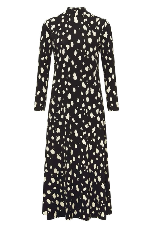 Discover timeless elegance with the Hobbs 'Alcott' Abstract Splash Dot Jersey Dress. Crafted from soft jersey fabric, this dress features a classic stand neck, long sleeves, and a chic black and cream print, making it the perfect choice for both casual and dressier occasions.