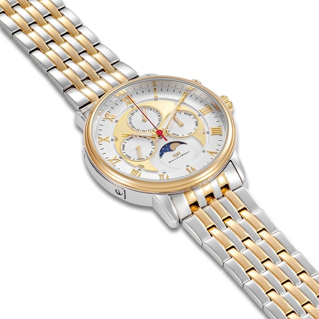 This elegant men's watch from the Rhodenwald & Sons manufacture is reminiscent of the design of legendary chronograph icons and is a real collector's item as a limited edition with 999 copies. The functions date, weekday and month form in the tricompax arrangement to 9-12-3 and are supplemented by a moon phase display. Other eye-catchers are the multi-layer dial, striking Roman digits and a bicolor structure bracelet with partial yellow gilding. The housing is made of robust stainless steel and also coated with yellow gold. A stylish companion to a suit as well as to jeans!