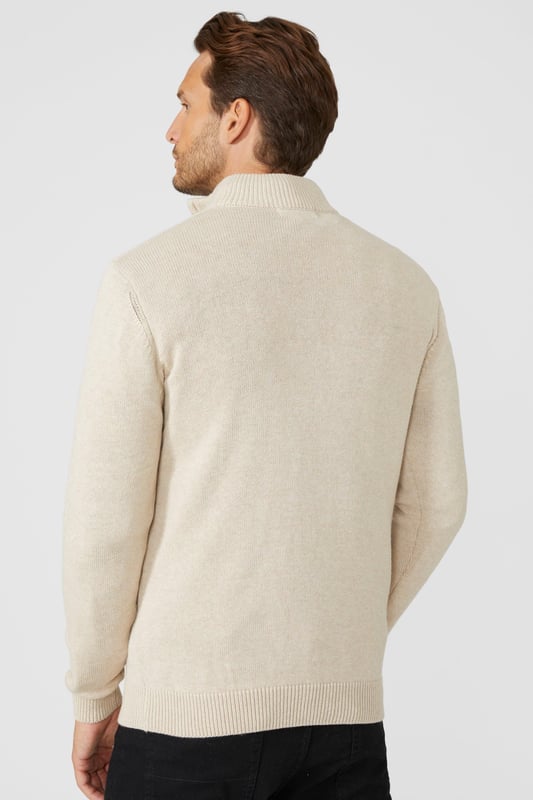 Pure Cotton Half Zip Funnel Jumper from Maine. Super-soft in texture and made from the premium fabrics, opt for this smart men's funnel jumper. Boasting cosy long sleeves, a high collar neckline with a zip-up front and a tailored cut finish for the perfect fit. Crafted from 100% Cotton. Wash at 40. Model wears a Size M.