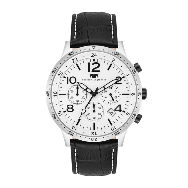 The men's watch from the Rhodenwald & Sons manufacture combines the design of sporty chronographs with the timeless elegance of a dresswatch. The model from the "Flight Captain" series is based on the tricompax arrangement of classic pilot watches and scores with a 24-hour display, stopwatch and date. In terms of color, the totalists fit harmoniously into the subtle dial - a noble companion with the aura of freedom, adventure and fame. The timepiece convinces with a robust stainless steel housing, luminiscant sticker and a reliable quartz train. A real leather strap with crocodile, contrast seam and thorn closure rounds off the premium equipment.