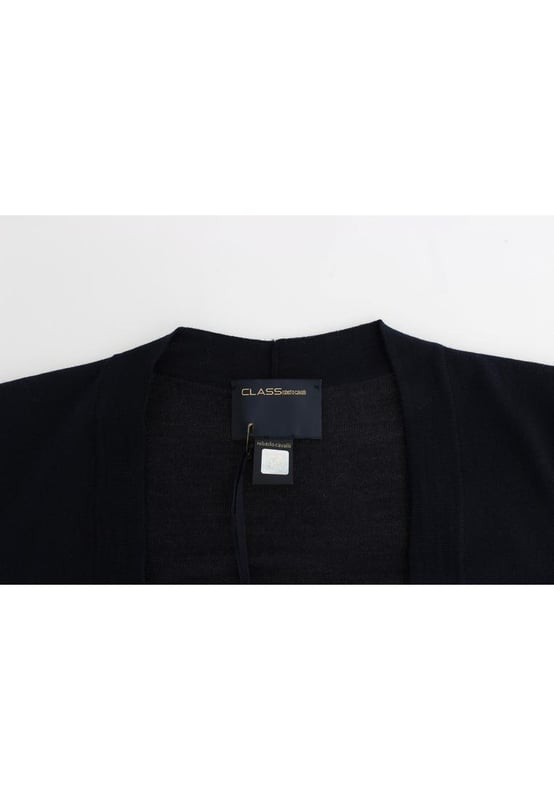 Brand: Class Roberto Cavalli
  Material: 100% Virgin Wool
  Color: Blue
  Style: Cropped Cardigan
  Button closure in the front
  Logo details
  Original tags and store bag included
  Gender: Women