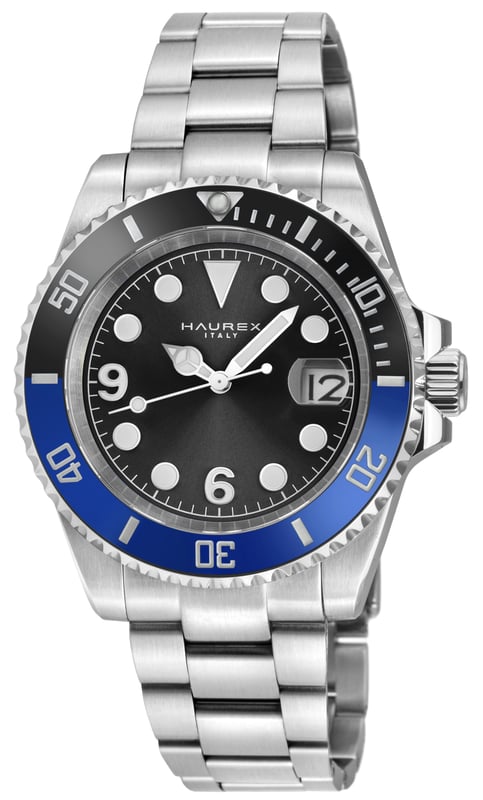 Haurex 4A512UBN Men's Barracuda Automatic WatchHaurex Men's Automatic Watch from the Barracuda Collection43mm Round 316L Stainless Steel Case, Black/Blue Ceramic BezelBlack Sunray Dial, Date at 6Push/Pull Crown, Exhibition Case back316L Stainless Steel Brushed Bracelet With Deployment BuckleAnti-reflective Sapphire CrystalWater Resistant to 50 Meters/5ATMAutomatic Miyota Ultra thin 9015