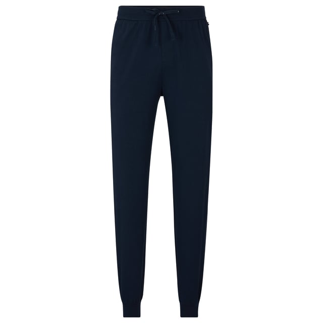 Sporty men's pants by the brand BOSS. Elastic cotton jersey, side slit pockets, end cuffs on leg, comfortable waistband with drawstring.