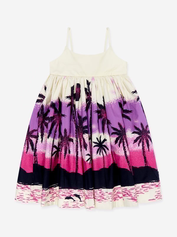 Molo inject passion and an eccentric outlook into their aesthetics. This girls twilight dress is reflective of the label's ostentatious technological properties. Crafted in a strapless off-white organic cotton design showcasing a print of a deserted island in shades of purple, pink and black that are reminiscent of a Hawaiian summer.‚ Empire Waist‚ Full Skirt‚ Narrow Straps‚ Hidden Zipper At Side Seam ‚ 100% Organic Cotton‚ GOTS Organic Certified By Ecocert Greenlif