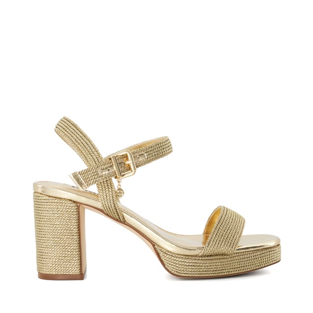 Give your look a glamorous edge with Kolden  metallic braided wedge sandals. Designed with a high wedge heel and a classic sandal toe  this style is ideal for weddings  weekend plans  and beyond. Featuring a gold-tone buckle closure and crossover straps.