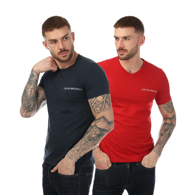 Men's Emporio Armani 2 Pack Underwear Logo T- Shirt in Multicolour.- V- neck.- Short sleeves.- Stretch cotton fabric.- Contrasting Emporio Armani signature logo on the chest.- 95% Cotton  5% Elastane.- Ref: 1118494R717R.