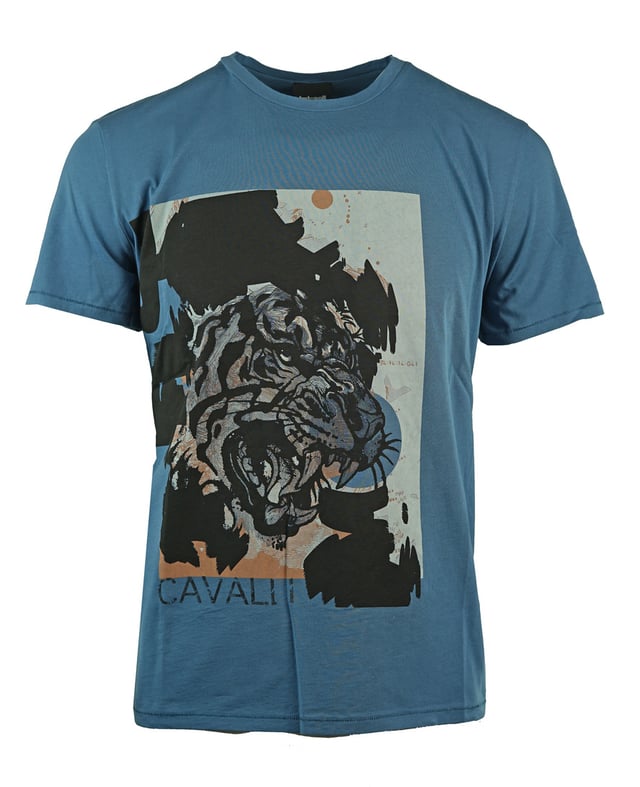 Just Cavalli S01GC0541 523 T-Shirt. 100% Cotton Tee. Crew Neck. Short Sleeves. Large Tiger Print. Branding On Rear Neck