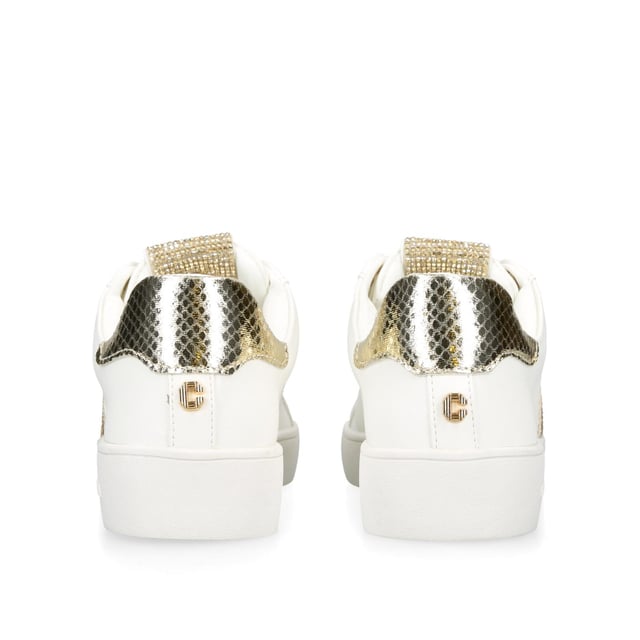 This Carvela Rapid trainer features a white upper with gold details across the upper. There is crystal embellishment on the tongue and side panels.