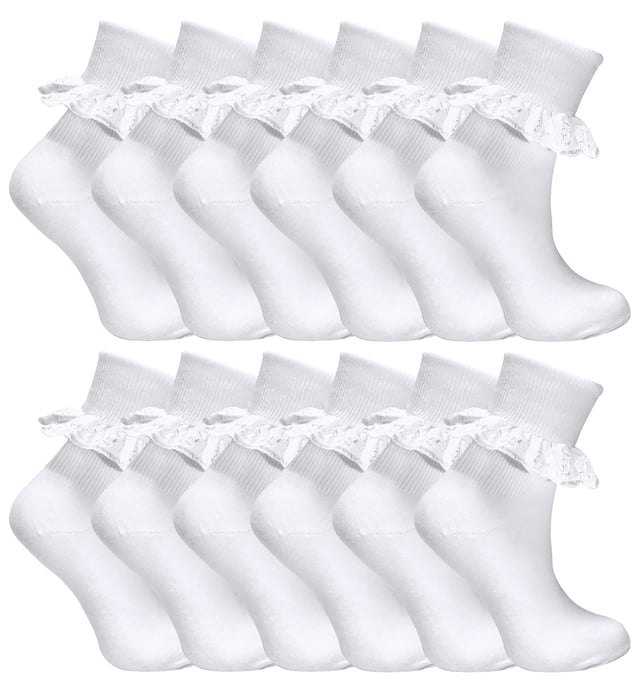 Your Girls need to have classic socks to top up their sock drawer. You need to make sure they’ve got enough socks to last them as long as possible. That’s why these Cotton Rich 12 Pack Frilly Lace Socks are the perfect bundle to stock up on! Cute, soft and comfortable, our girls' fancy lace socks are great socks for casual wear and even for school days while running around the playground as they don’t keep riding down. They can also be worn during normal / casual weekends when they are full of energy! They are a short calf design with a frilly lace lining on the top of the sock. The Cotton Rich content also means they are super soft and cosy, perfect for all year round wear keeping their feet warm in the winter and cool in the summer. They wash beautifully and do not shrink when washed. Just follow the washing instructions on the packaging. They are available in classic pure White. There are 7 sizes to choose between; 0-0 uk (0-6 Months), 0-2.5 uk (6-12 Months), 3-5.5 UK (1-2 Years), 6-8.5 UK (2-3 Years), 9-12 UK (4-6 Years), 12-3 UK (7-10 Years), 4-5.5 UK (11+ Years) They’re made from 75% Cotton, 25% Polyamide and are Machine Washable.