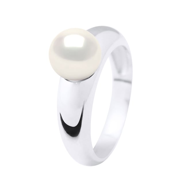 Ring - White Gold - Real Cultured Freshwater Pearl Round 8-9 mm - COLOR NATURAL WHITE - available Size even numbers from 48 to 62 - Delivered with Certificate of Authenticity and International Guarantee - MADE IN FRANCE