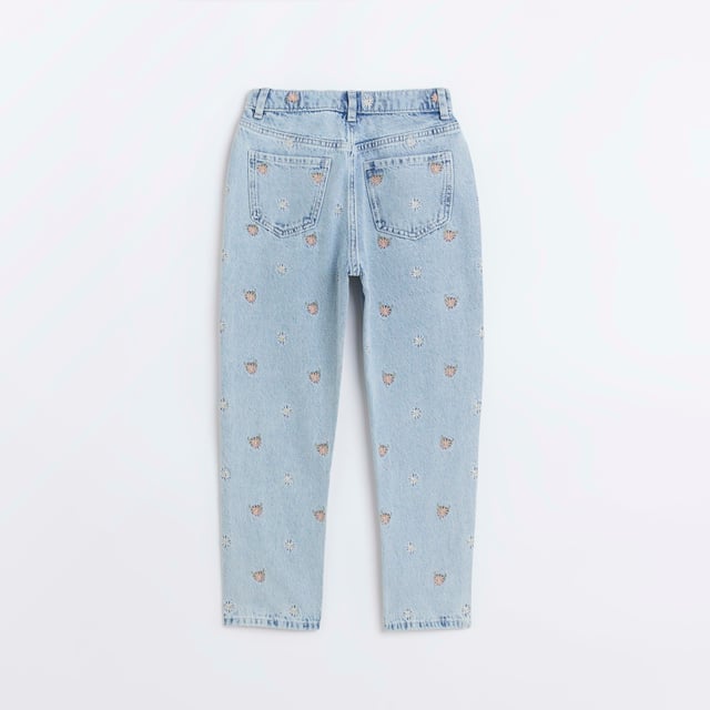 River Island Girls Mom Jeans Blue Denim Floral Embroidered