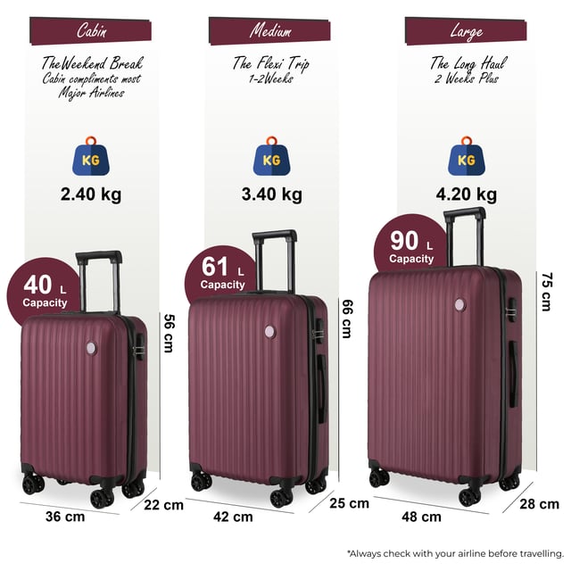 Werten Sie Ihre Reiseausrüstung mit unserem Hartschalen-Kabinenkoffer-Set auf, das Haltbarkeit, Stil und Funktionalität vereint. Ob für Geschäftsreisen oder Urlaubsabenteuer, dieses leichte Gepäckset bietet überlegene Leistung mit einem eleganten und modernen Look. Eigenschaften: Stabile ABS-Konstruktion: Leicht und dennoch robust, bietet hervorragenden Schutz für Ihre Sachen. 8 leichtgängige Doppelräder: Mühelose 360°-Manövrierbarkeit für stressfreies Reisen durch Flughäfen und belebte Straßen. Sicheres Zahlenschloss: Eingebautes 3-stelliges Schloss für mehr Sicherheit und Seelenfrieden. Teleskopgriff: Ergonomisch gestaltet für bequeme Handhabung. Vollständig gefütterter Innenraum: Ausgestattet mit elastischen Zurrgurten, einem Trennfach mit Reißverschluss und einer Netztasche, um Ihre Gegenstände organisiert zu halten. Größen und Spezifikationen: Kabine: Maße: 36 x 22 x 56 cm Gewicht: 2,40 kg Fassungsvermögen: 40 l Mittel: Maße: 42 x 25 x 66 cm Gewicht: 3,40 kg Fassungsvermögen: 61 l Groß: Maße: 48 x 28 x 75 cm Gewicht: 4,20 kg Fassungsvermögen: 90 l Das zeitlose Design sorgt für Eleganz und sorgt dafür, dass Ihr Gepäck leicht zu erkennen ist. Ob Sie mit leichtem Gepäck in der Kabinengröße reisen oder mit der mittleren und großen Größe für eine lange Reise packen, dieses Set ist auf alle Ihre Reiseanforderungen zugeschnitten. Hinweis: Dieses Produkt ist ein Set mit 3 Größen (Klein (Kabine), Mittel und Groß).