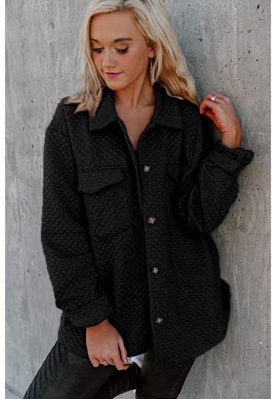 Black lattice texture retro shacket
  Flap pockets
  Quality materials
  Versatile piece for any season
  Retro touch with lattice texture
  Attention to detail and craftsmanship
  Perfect addition to your wardrobe