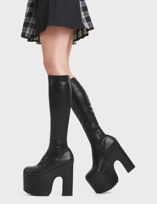 Black leather platform knee high boots cheap