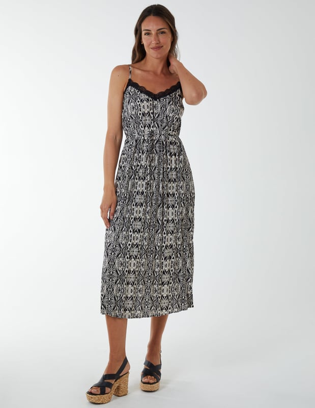 chinese dress ladies Aztec Ruffle Sleeve Dress (Black) M